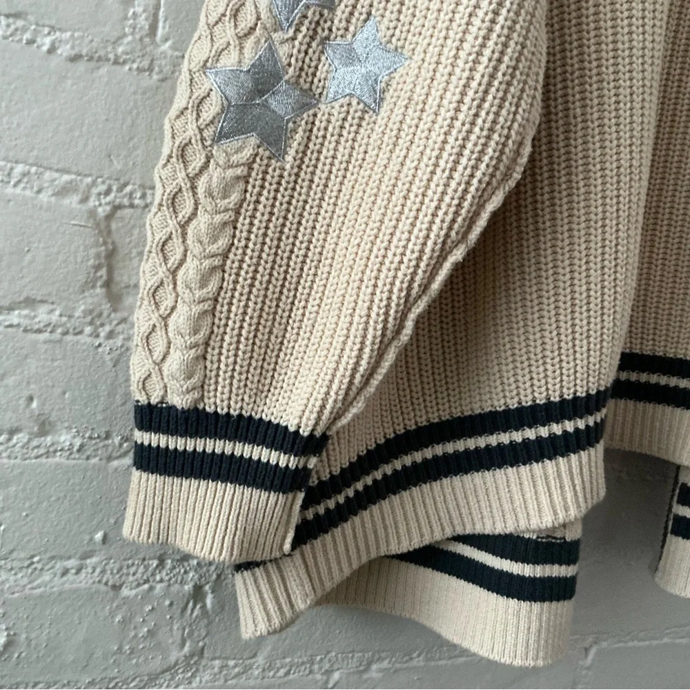 Altar’d State Oversized Cable Knit Cardigan Varsity Sweater Beige Star Patches - Picture 11 of 14